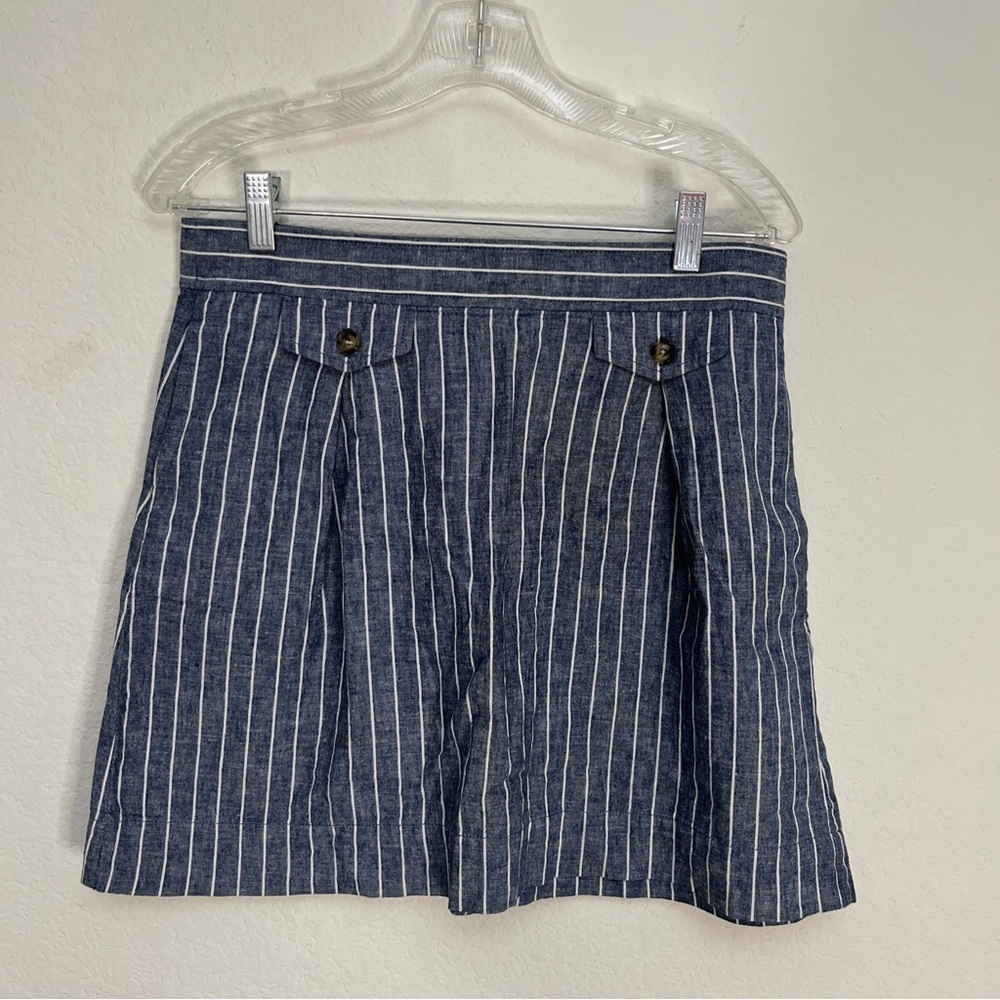 JCrew Mini Skirt Blue White Linen Cotton Pocket Chambray Striped Nautical Sz 6 S - Picture 3 of 9
